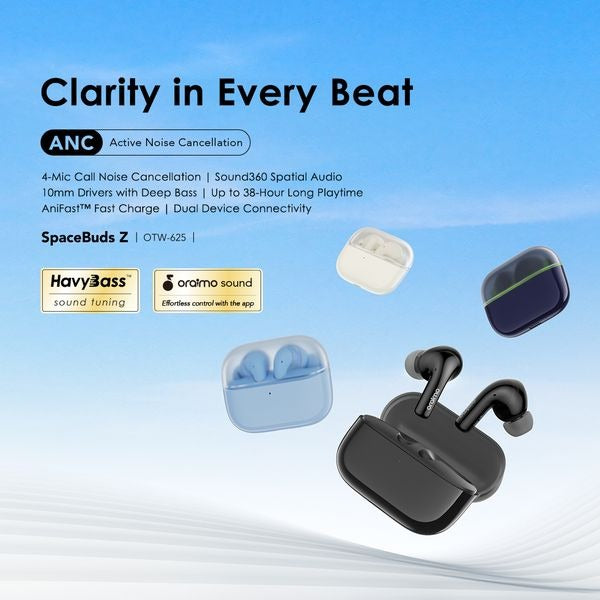 Oraimo SpaceBuds Z Active Noise Cancelling Bluetooth Earphones, Sound360 Spatial Audio True Wireless Earbuds,4 Mics for AI Clear Calls,38H Playtime,Dual Device Connectivity, Customization via App Black