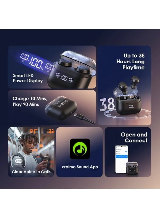 Oraimo AirBuds 4 TWS Earphone, 10M Range Bluetooth 5.3, 38H Playtime, AniFast™ Charge, True Wireless Earbuds with Deep Bass, 2 Mics for AI Clear Calls, AI noise cancellation, Instant Connectivity