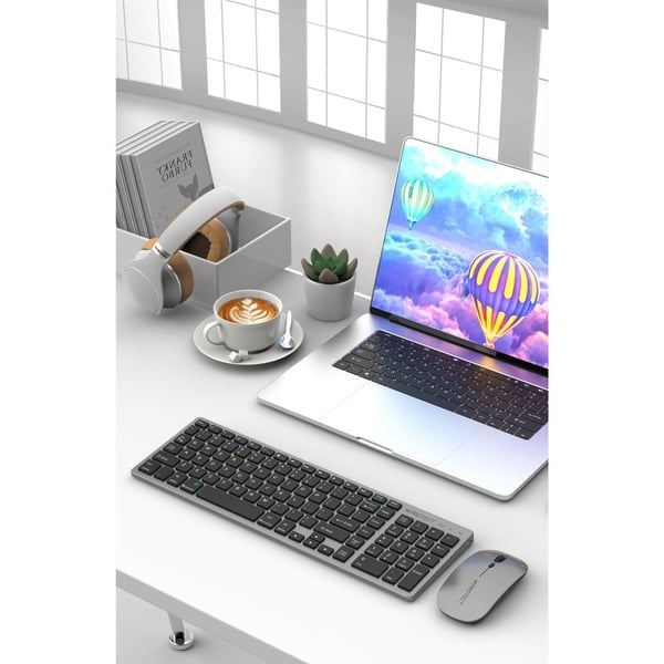 PROTECT Bluetooth Rechargeable Keyboard and Mouse Combo | Slim Design | Multi-Device Connectivity | Grey | Model: HT-KB333