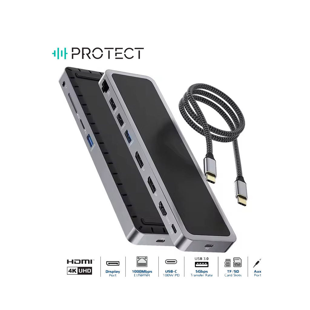 PROTECT 12-in-1 USB-C Docking Station with 100W C-C Cable | Dual DisplayPort 4K@120Hz + HDMI 4K@60Hz | Triple Monitor | USB 3.0 | Ethernet | SD/TF | Audio | For MacBook & Windows