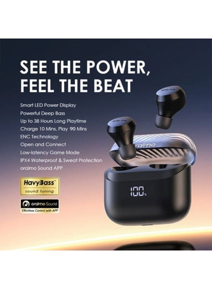 Oraimo AirBuds 4 TWS Earphone, 10M Range Bluetooth 5.3, 38H Playtime, AniFast™ Charge, True Wireless Earbuds with Deep Bass, 2 Mics for AI Clear Calls, AI noise cancellation, Instant Connectivity