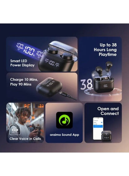 Oraimo AirBuds 4 TWS Earphone, 10M Range Bluetooth 5.3, 38H Playtime, AniFast™ Charge, True Wireless Earbuds with Deep Bass, 2 Mics for AI Clear Calls, AI noise cancellation, Instant Connectivity