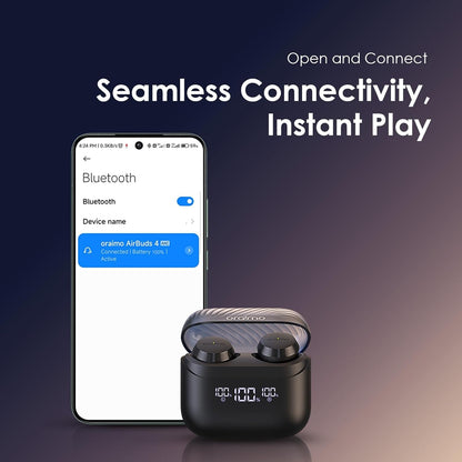 Oraimo AirBuds 4 TWS Earphone, 10M Range Bluetooth 5.3, 38H Playtime, AniFast™ Charge, True Wireless Earbuds with Deep Bass, 2 Mics for AI Clear Calls, AI noise cancellation, Instant Connectivity