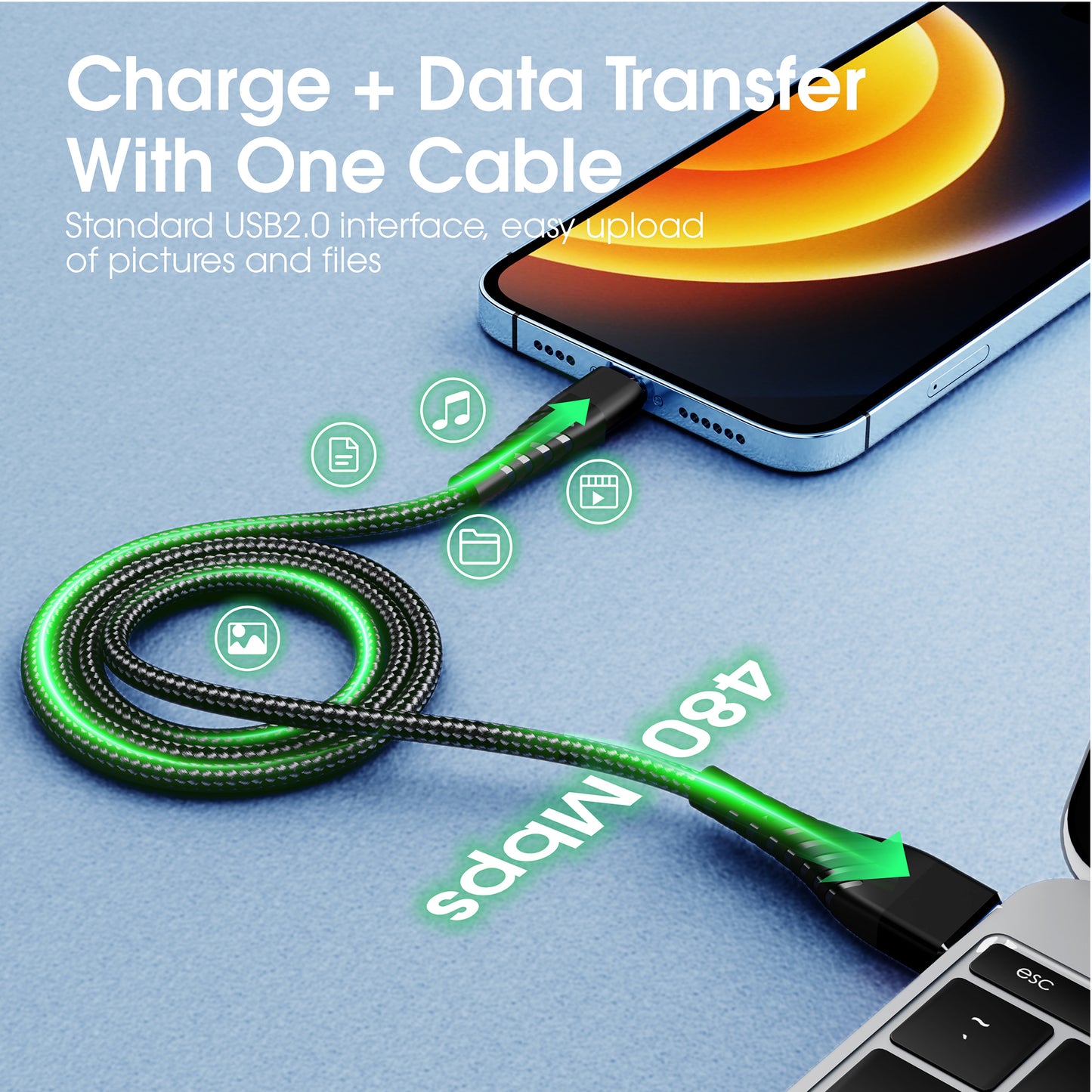 USB A to Lightning Cable with 2m length 480mbps Data Sync & Transfer Tangle Free Cable