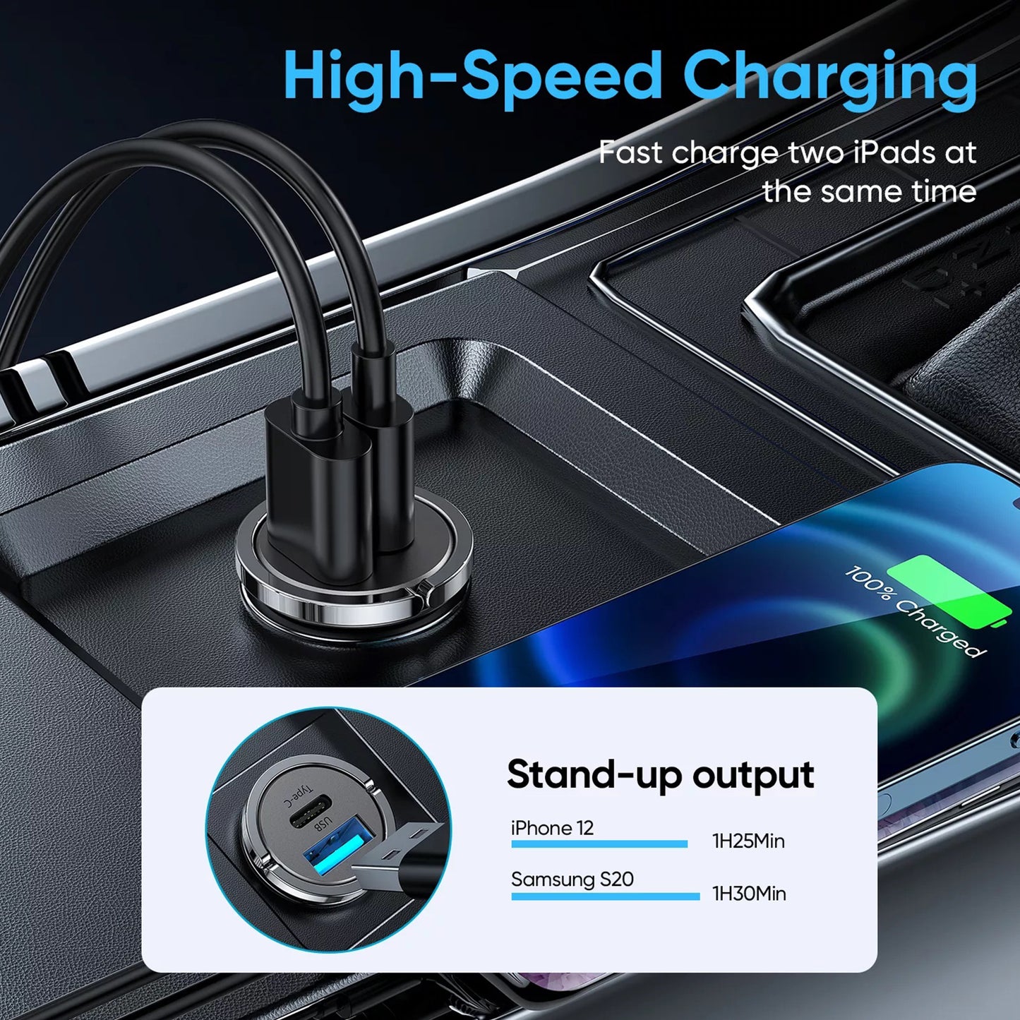 C-A35 45W Dual Port Fast Car Charger with Zinc Alloy Construction USB-C and USB-A Ports Efficient and Durable Charging Solution with Ring and Pull Design