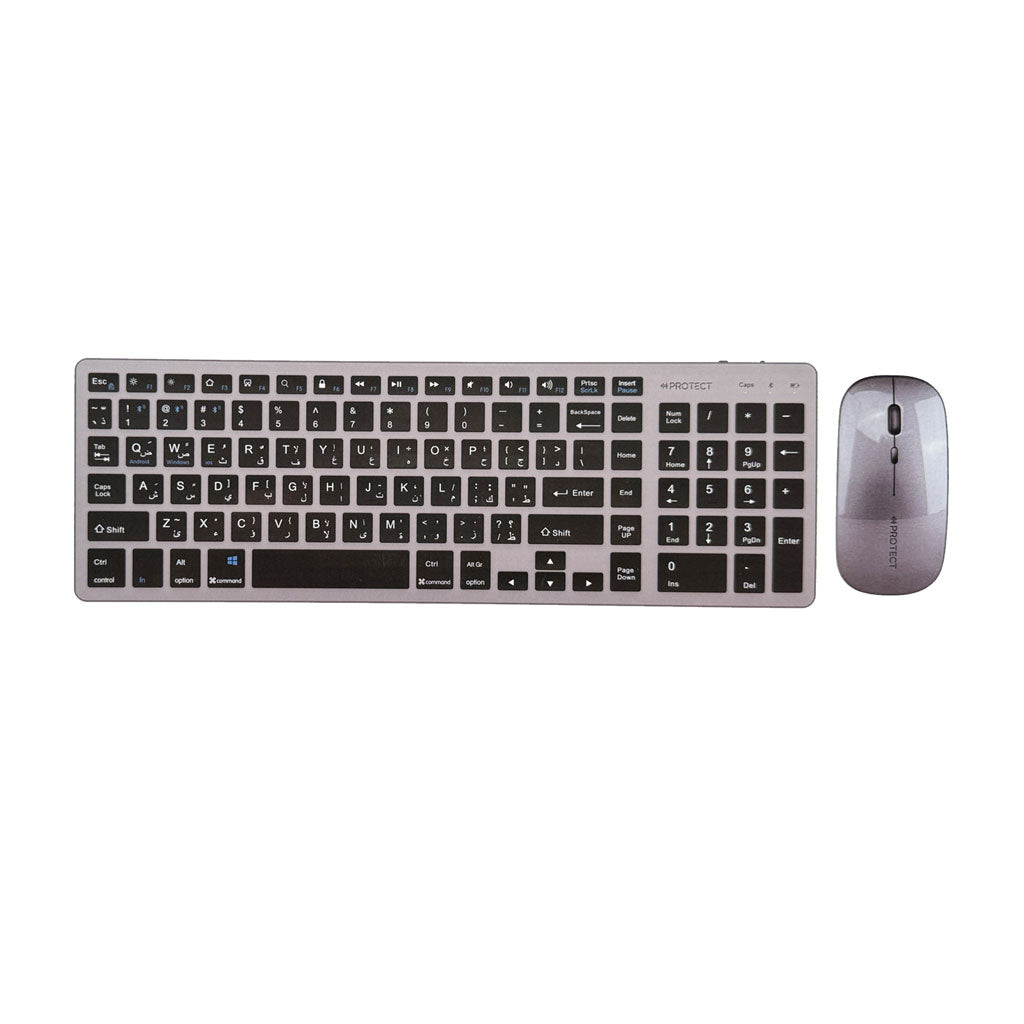 PROTECT Bluetooth Rechargeable Keyboard and Mouse Combo | Slim Design | Multi-Device Connectivity | Grey | Model: HT-KB333