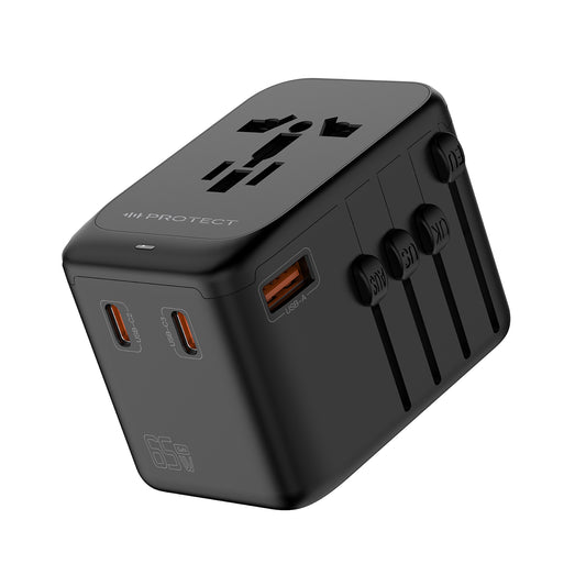 Universal travel adapter 2 USB, A and 2 type c ports plug 65W adapter GaN