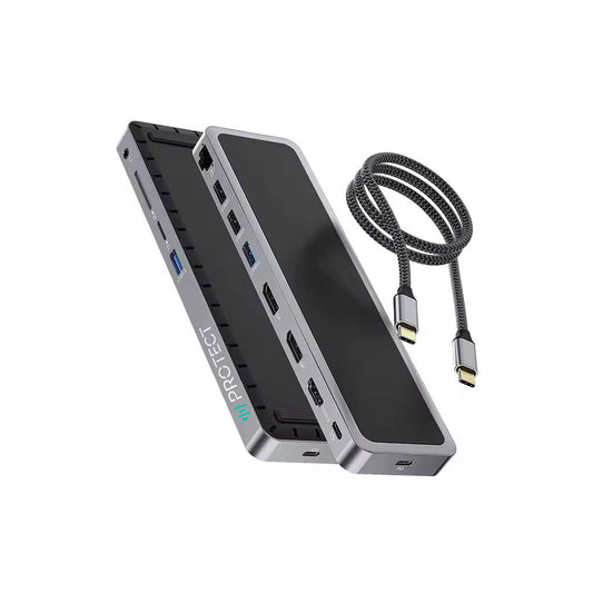 PROTECT 12-in-1 USB-C Docking Station with 100W C-C Cable | Dual DisplayPort 4K@120Hz + HDMI 4K@60Hz | Triple Monitor | USB 3.0 | Ethernet | SD/TF | Audio | For MacBook & Windows