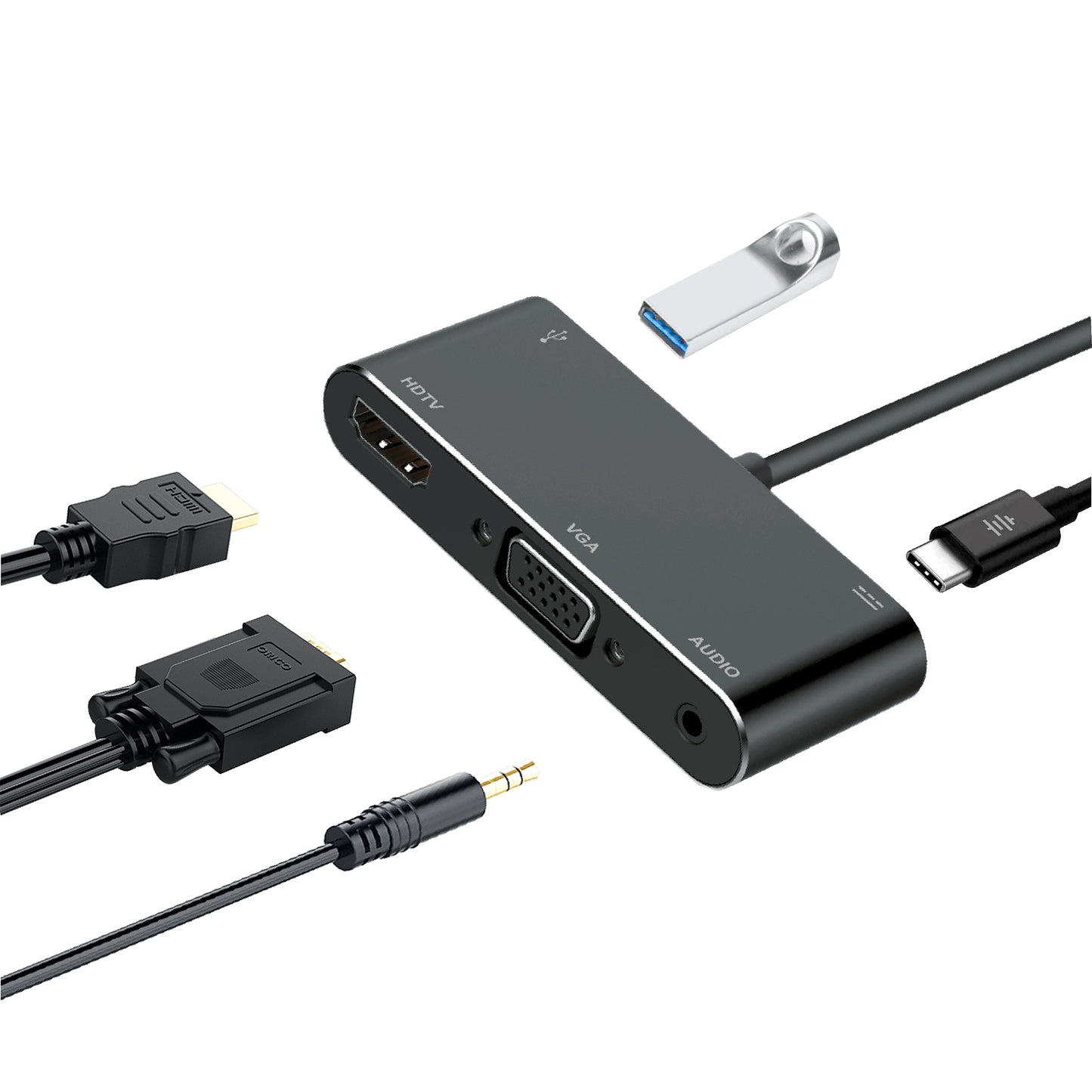 5 in 1 USB Type-C Hub with 4K HDMI, VGA, Audio, USB 3.0 and USB-C PD Delivery for MacBook, Notebooks and Mobile Phones